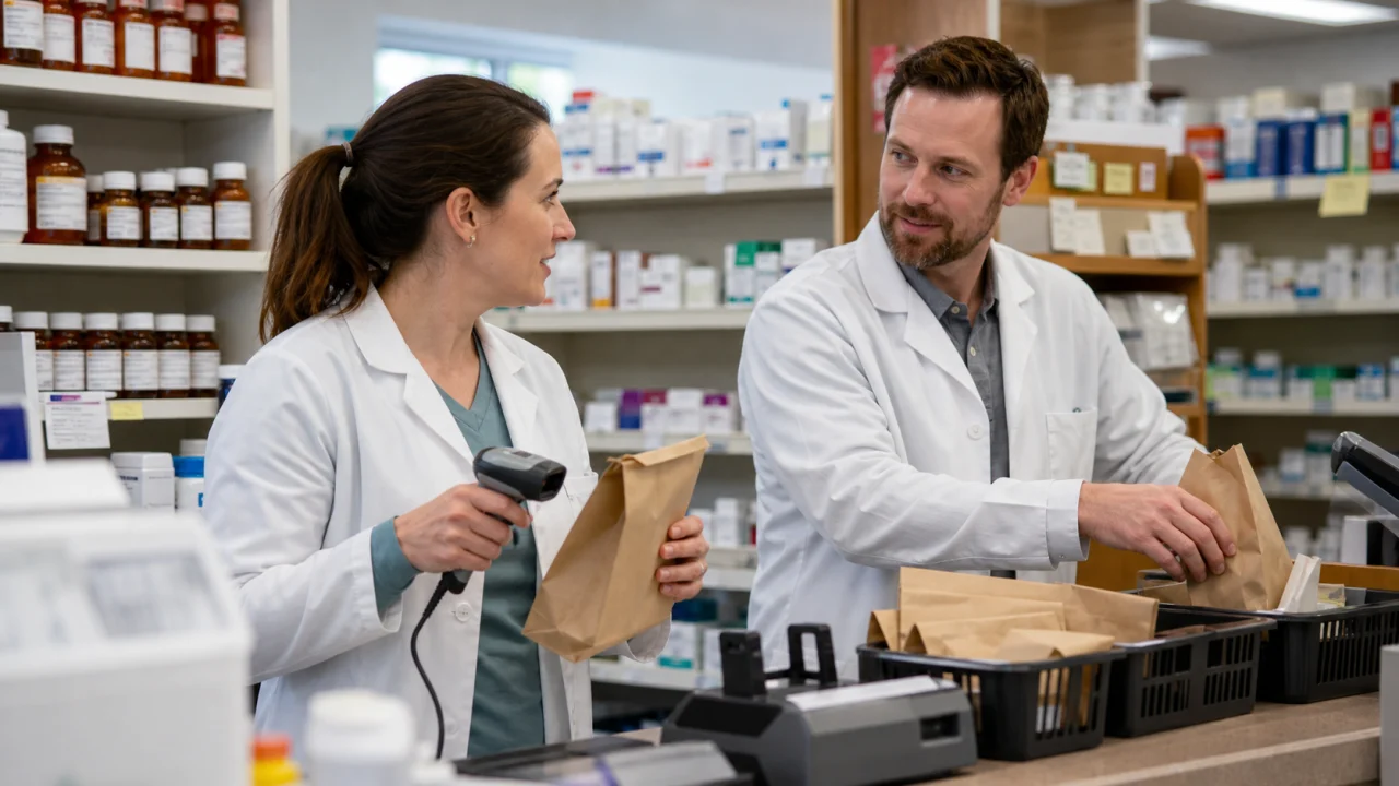 Two pharmacy employees scanning and sorting finished orders behind the counter