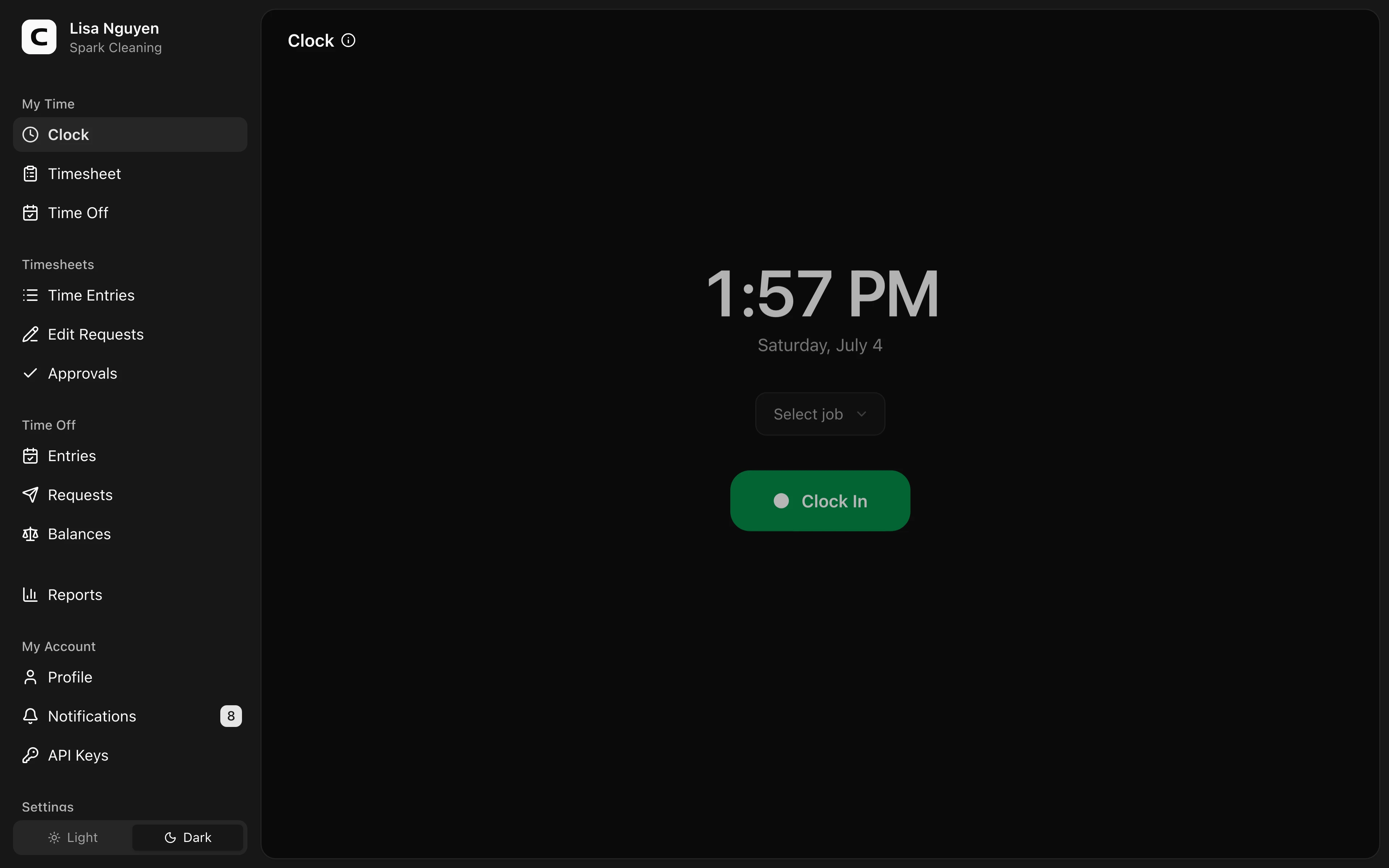 Clockspot Clock screen. Clock in at the start of your shift and out at the end, with a job and notes when your workspace uses them.