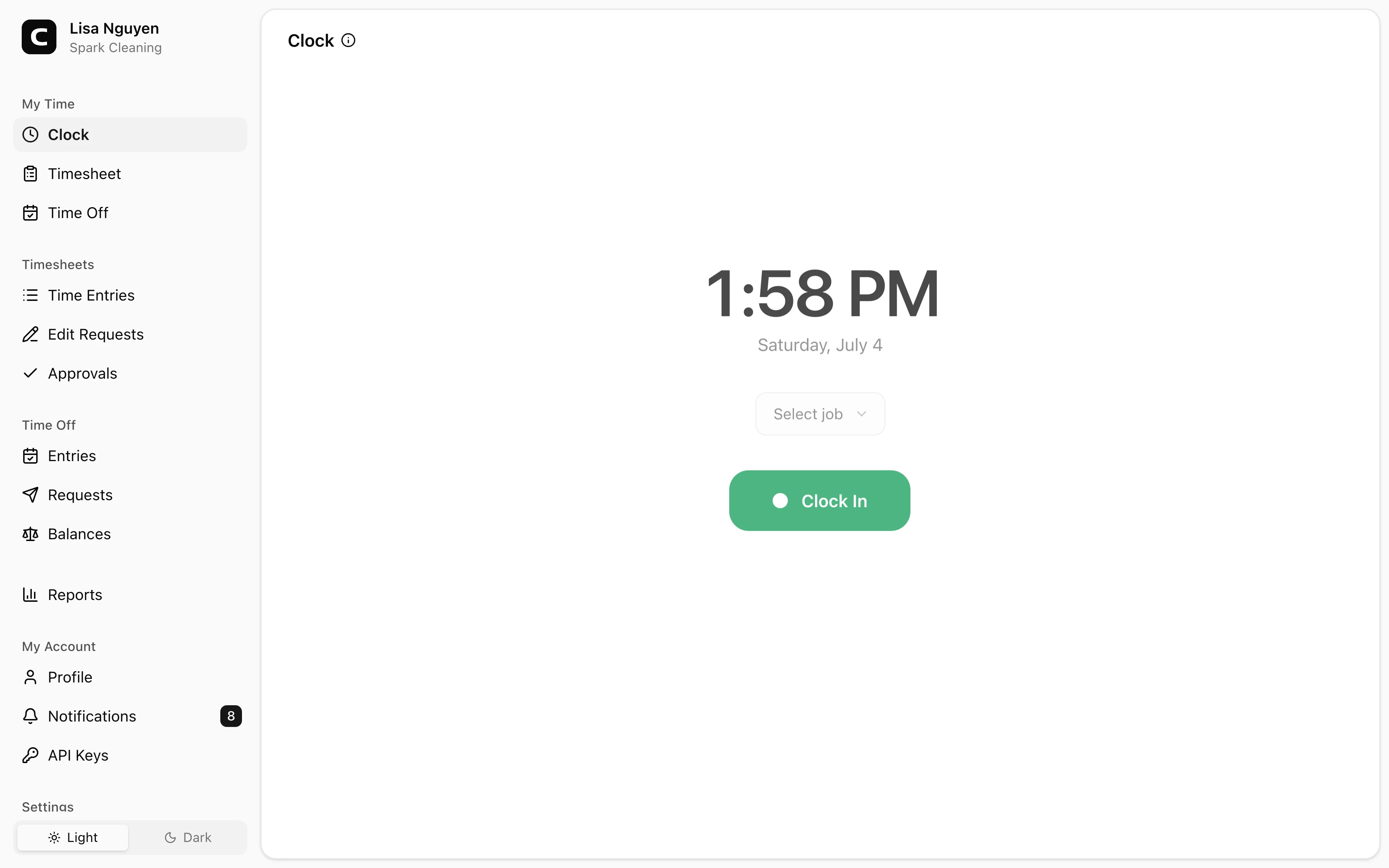 Clockspot Clock screen. Clock in at the start of your shift and out at the end, with a job and notes when your workspace uses them.