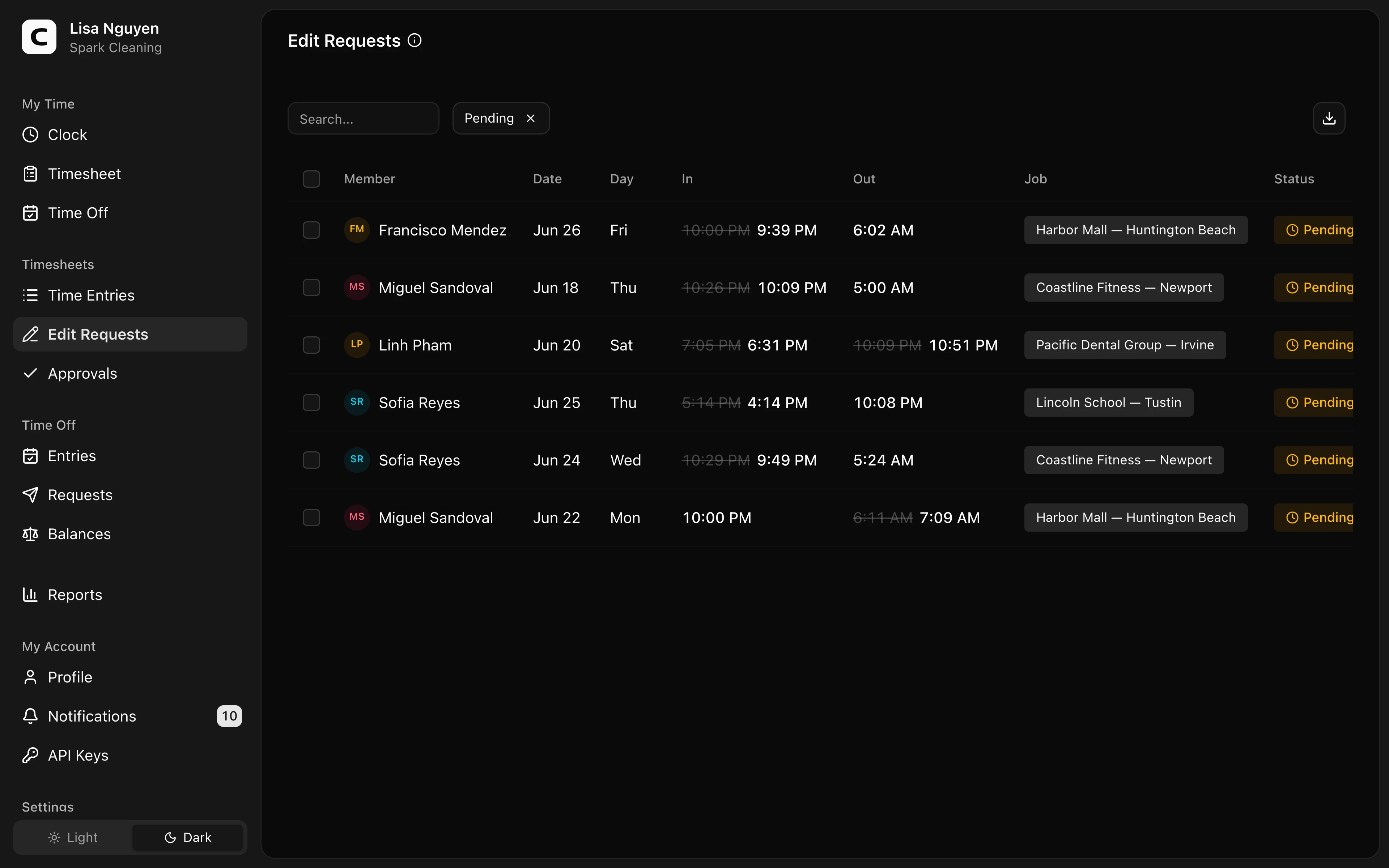 Clockspot Edit Requests screen. Approve or reject employee-requested changes to time entries.