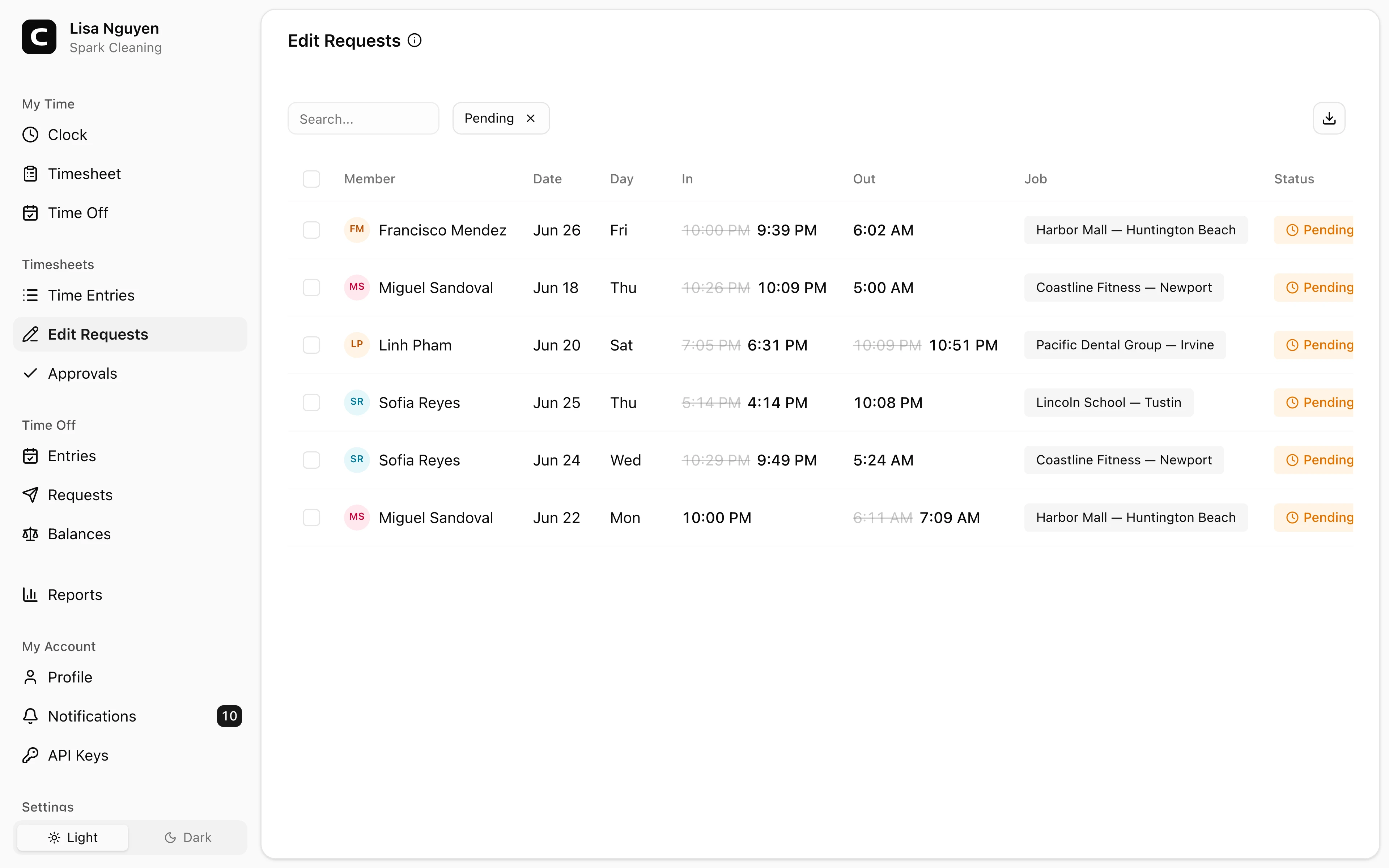 Clockspot Edit Requests screen. Approve or reject employee-requested changes to time entries.