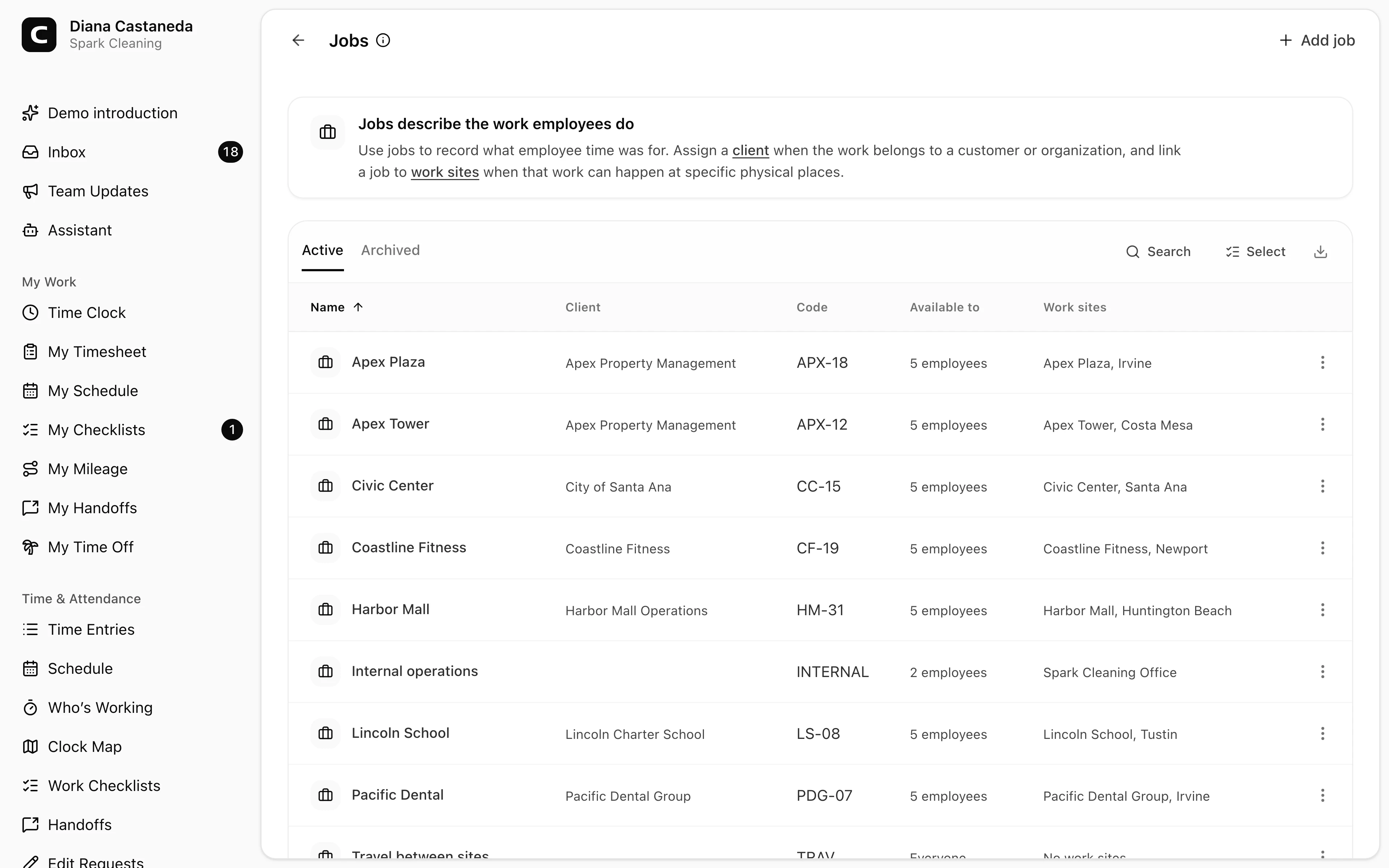 Clockspot Jobs screen. Define what employees can record time against, assign Jobs where needed, and use Job-coded time to understand hours and labor costs.