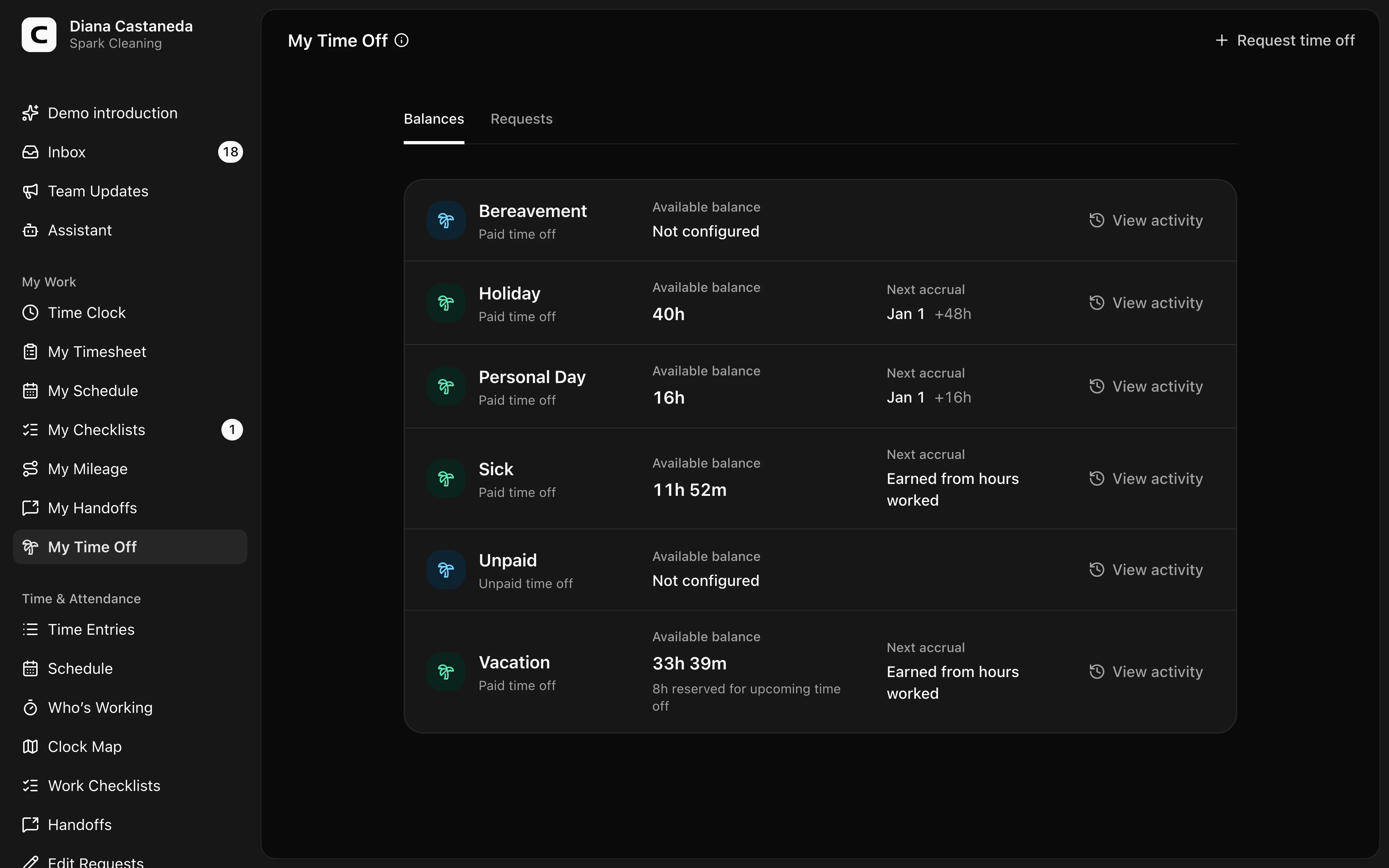 Clockspot Time Off screen. Check your available time off by type, choose the dates and hours you need, and submit a request for your manager to review.