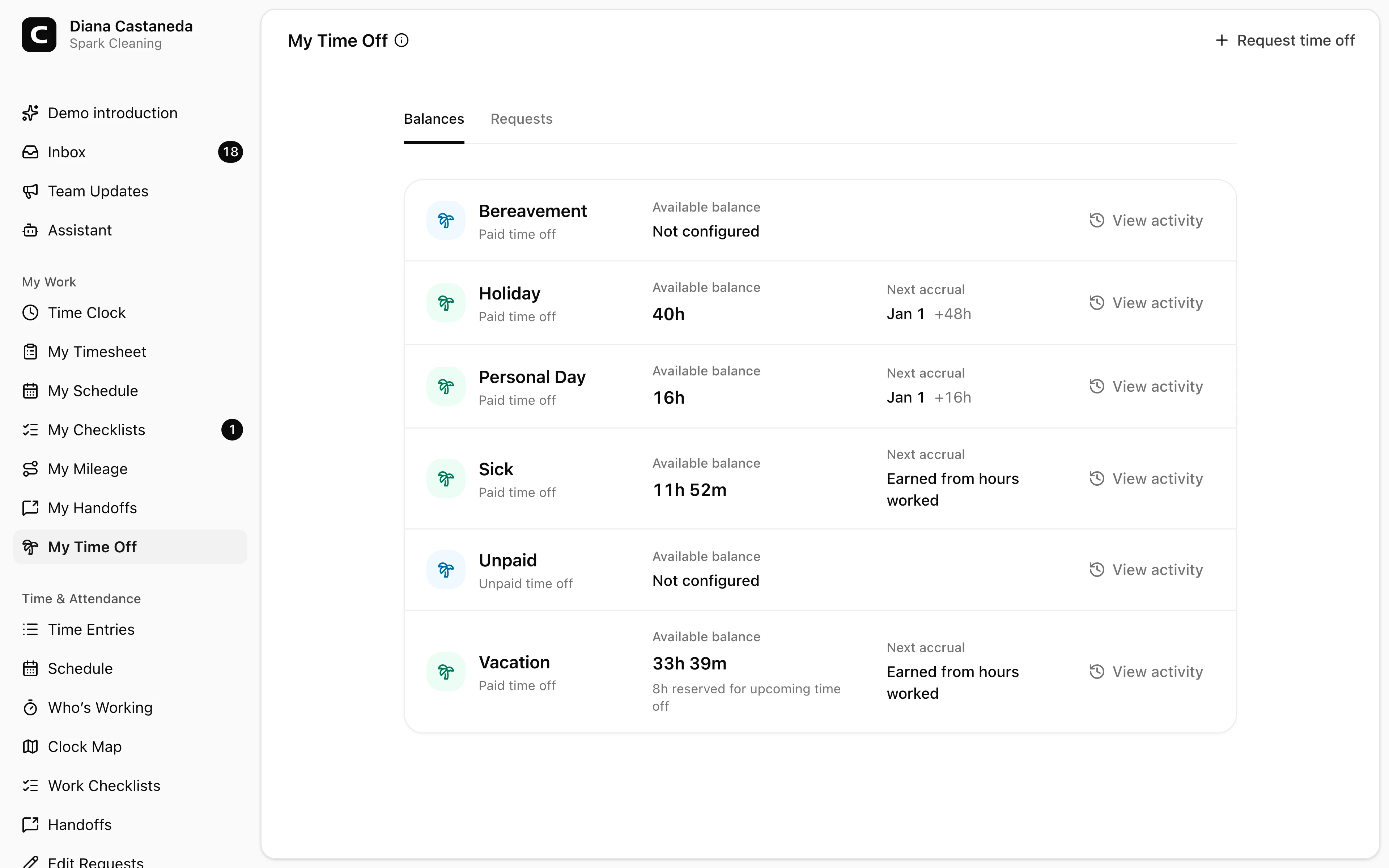Clockspot Time Off screen. Check your available time off by type, choose the dates and hours you need, and submit a request for your manager to review.