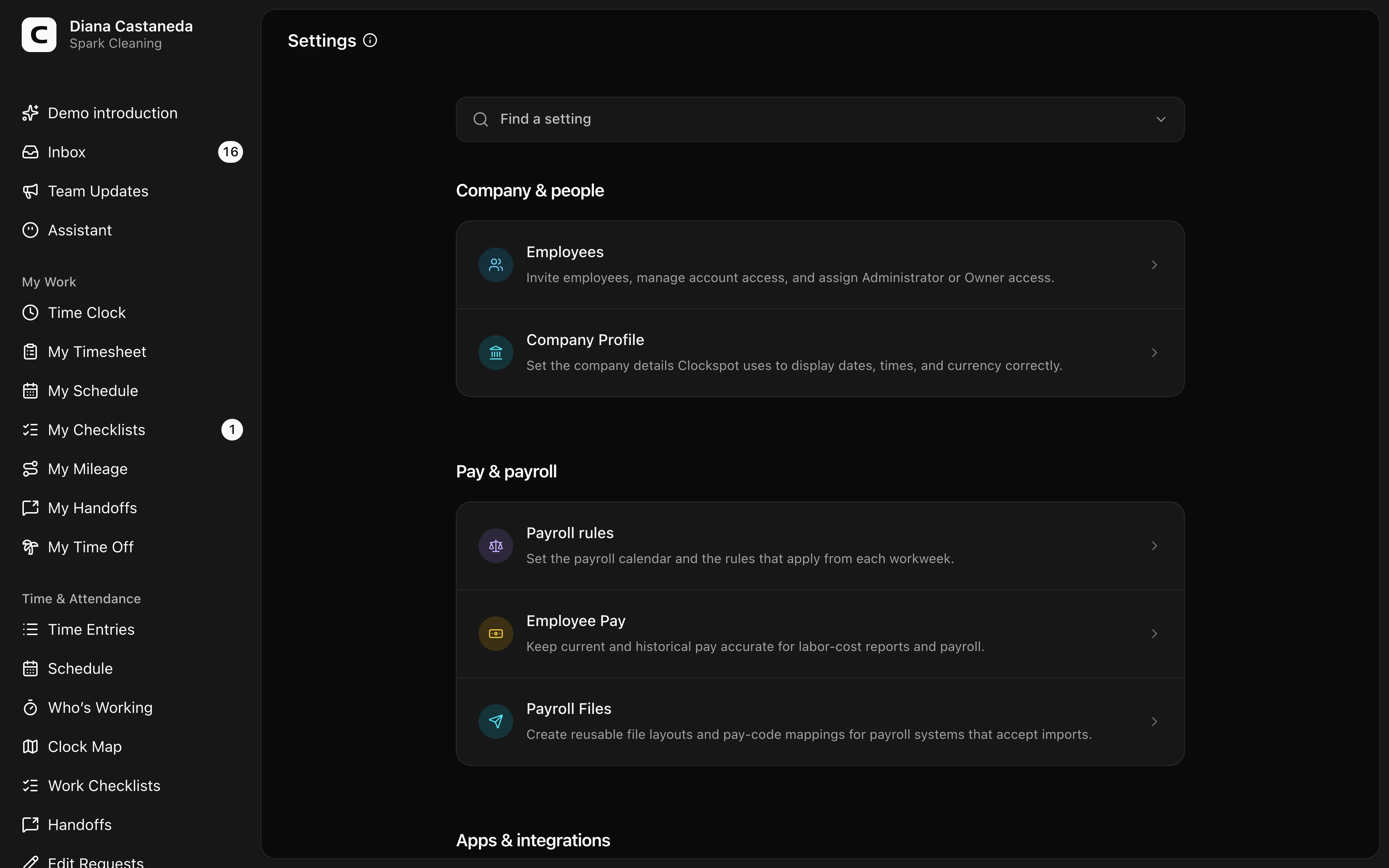 Clockspot Settings screen. Find workspace setup for company details, employees, pay, time rules, alerts, jobs, clocking, or billing.