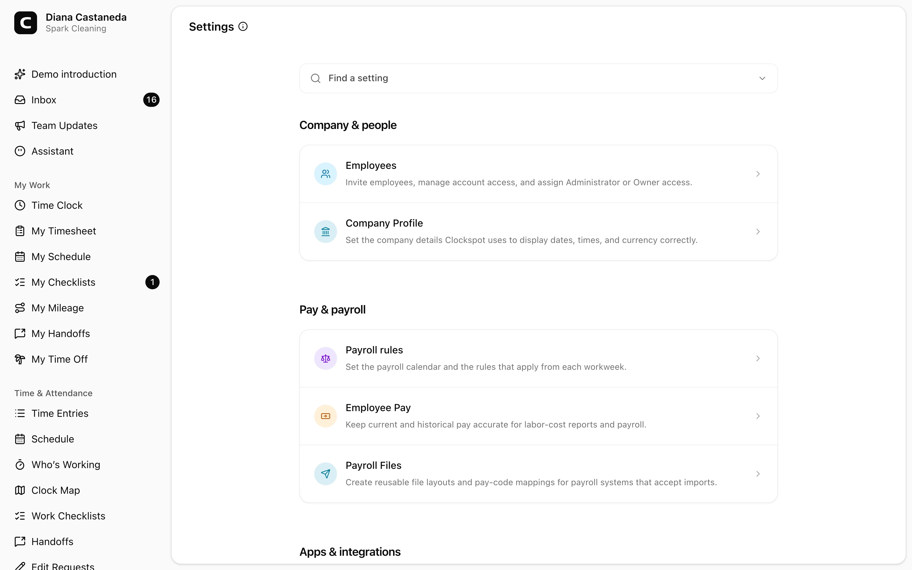 Clockspot Settings screen. Find workspace setup for company details, employees, pay, time rules, alerts, jobs, clocking, or billing.